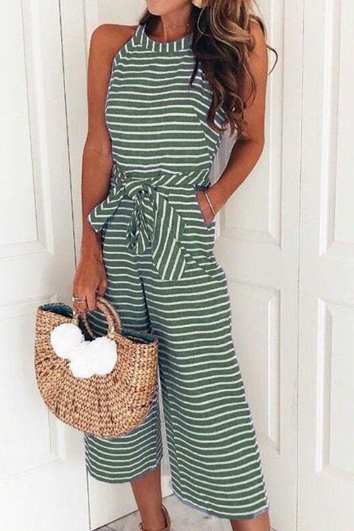 Kelsidress Casual Sleeveless Striped Bow-Knot Wide Leg Jumpsuit