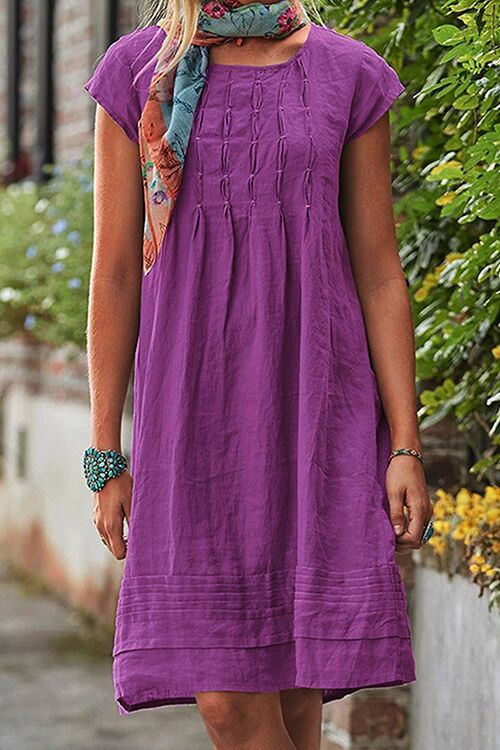 Robe froncée à manches courtes et col en U uni Kelsidress