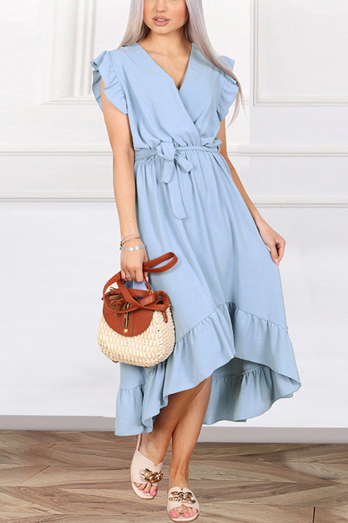 Abito Kelsi Abito scollo a V con allacciatura in vita Abito a volant con orlo alto e basso