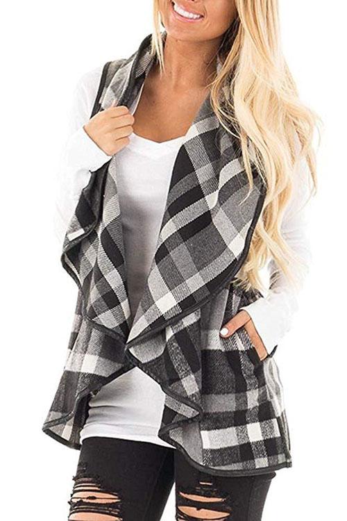 Kelsidress Sleeveless Plaid Jacket Vest with Pockets