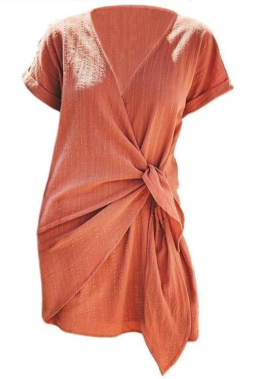 Kelsidress Solid Cross V Neck Tie Wrap Dress