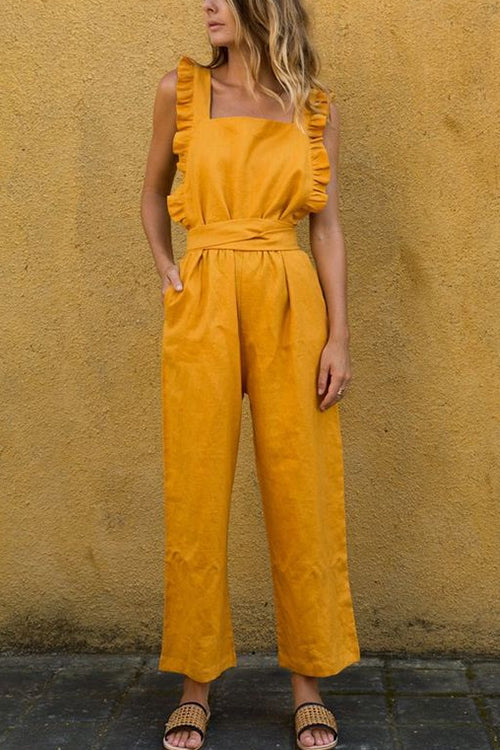 Kelsidress Solid Square Neck Ruffle Sleeveless Jumpsuit