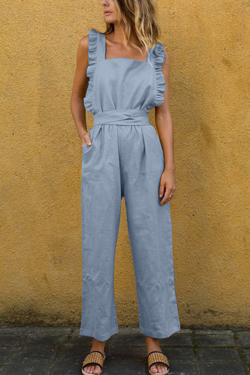 Kelsidress Solid Square Neck Ruffle Sleeveless Jumpsuit