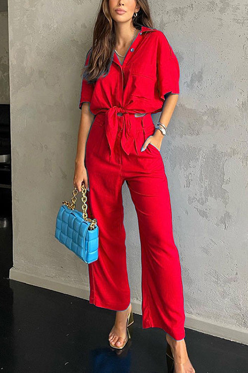 Kelsidress Conjunto de camisa con botones anudados en la parte delantera y pantalones de pernera ancha con bolsillos