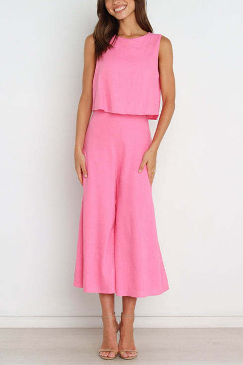 Kelsidress Crewneck Sleeveless Top and Wide Leg Pants Solid Set