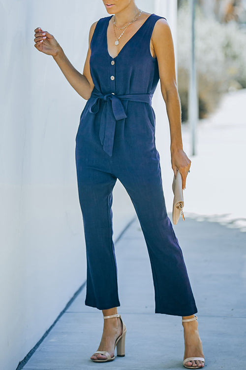 Kelsidress V Neck Sleeveless Tie Waist Jumpsuit with Pockets