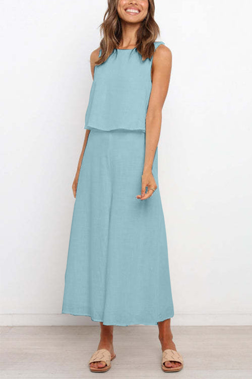 Kelsidress Crewneck Sleeveless Top and Wide Leg Pants Solid Set