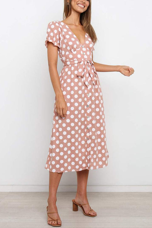 Kelsidress V-Ausschnitt, kurzärmliges, gepunktetes Kleid mit Taillenbund