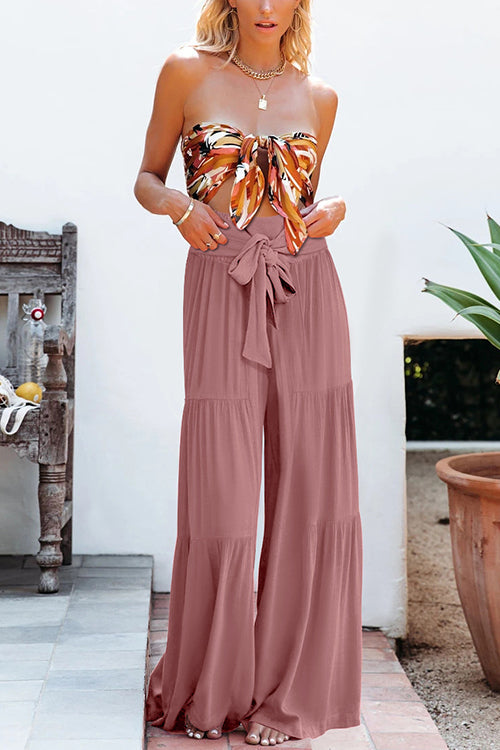 Kelsidress Solid Tie Waist Ruched Wide Leg Pants