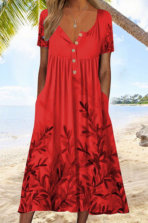 Kelsidress Buttons Short Sleeve Printed Ruched Dress with Pockets