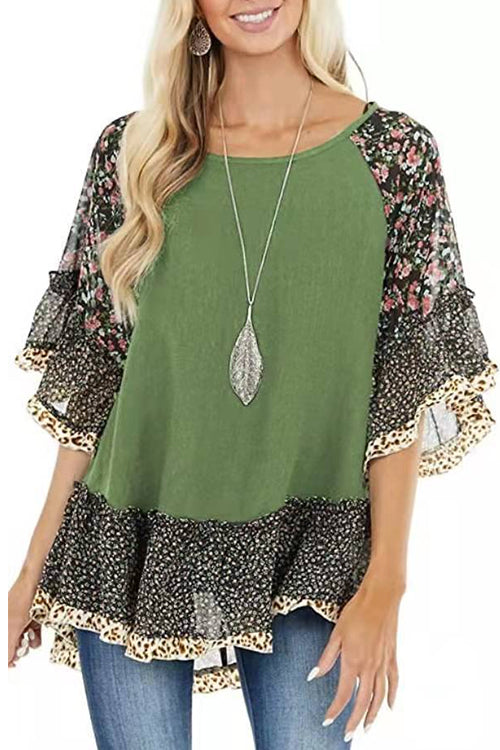 Kelsidress Crewneck Batwing Sleeve Printed Splice Top