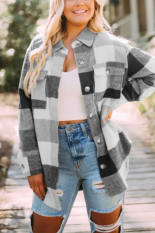 Kelsidress Lapel Button Down Plaid Cardigans with Pockets
