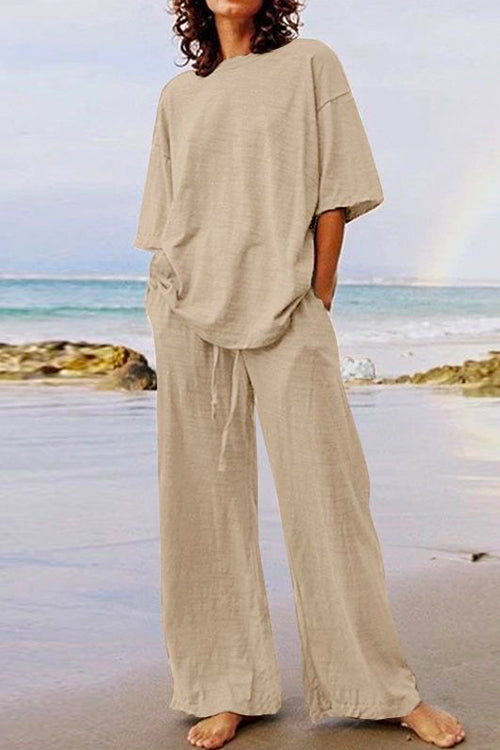 Kelsidress Half Sleeve Top and Tie Waist Wide Leg Pants Solid Set