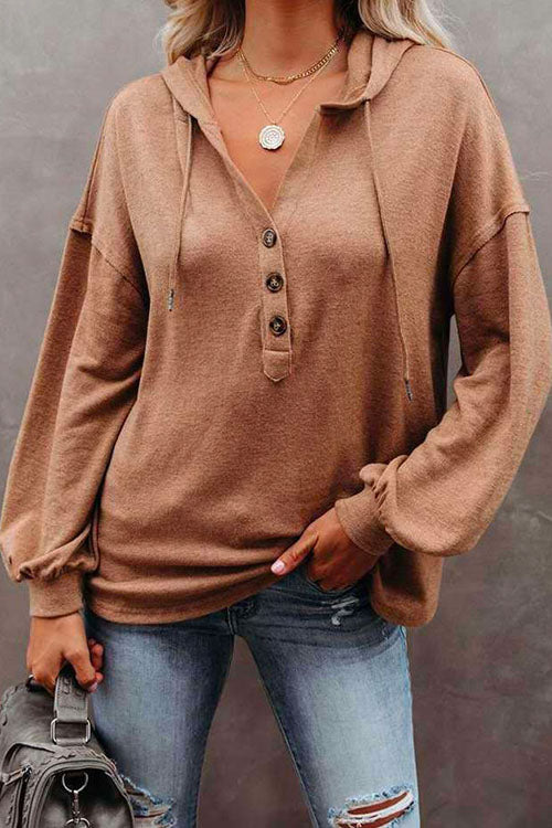 Kelsidress Drawstring V Neck Buttons Hoodied Sweatshirt