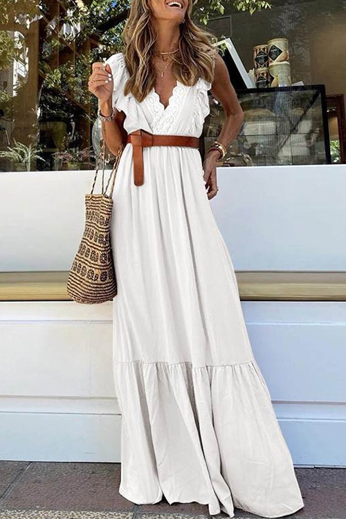 Robe longue à volants sans manches en dentelle à col en V Kelsidress