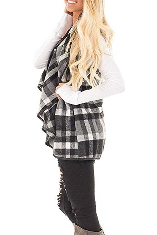 Kelsidress Sleeveless Plaid Jacket Vest with Pockets