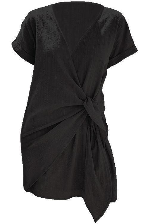 Kelsidress Solid Cross V Neck Tie Wrap Dress