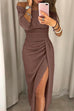 Kelsidress Solides, schulterfreies, hochgeschlitztes, glitzerndes langes Kleid