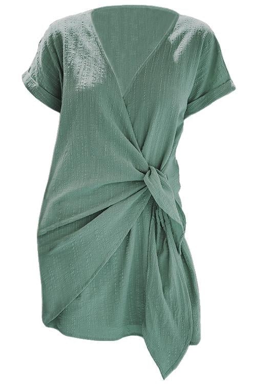 Kelsidress Solid Cross V Neck Tie Wrap Dress