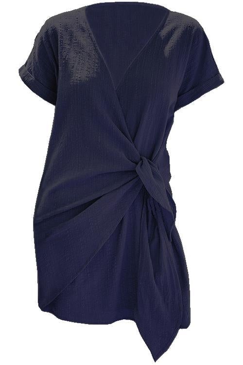 Kelsidress Solid Cross V Neck Tie Wrap Dress