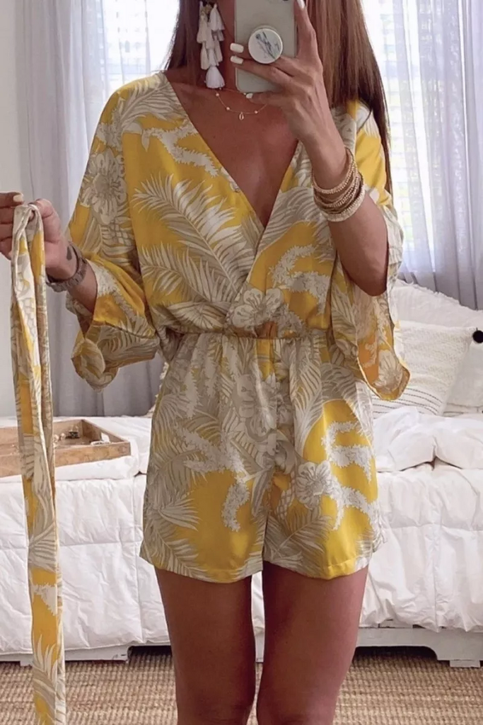 Kelsidress V Neck Leaf Print Wrapped Batwing Romper