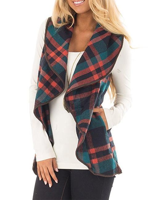 Kelsidress Sleeveless Plaid Jacket Vest with Pockets