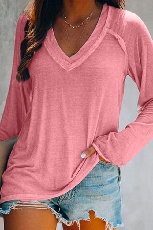 Camicia a tinta unita a maniche lunghe con scollo a V in tinta unita Kelsidress