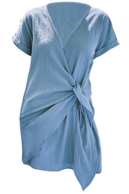 Kelsidress Solid Cross V Neck Tie Wrap Dress