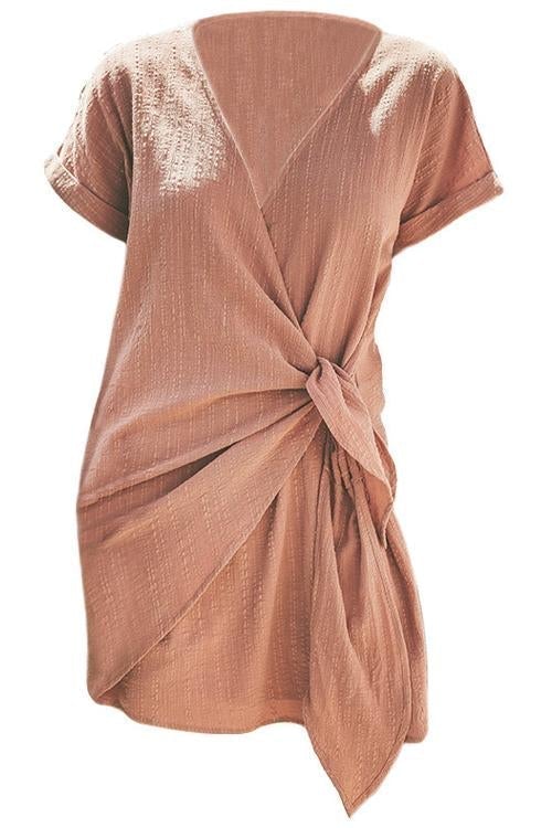 Kelsidress Solid Cross V Neck Tie Wrap Dress
