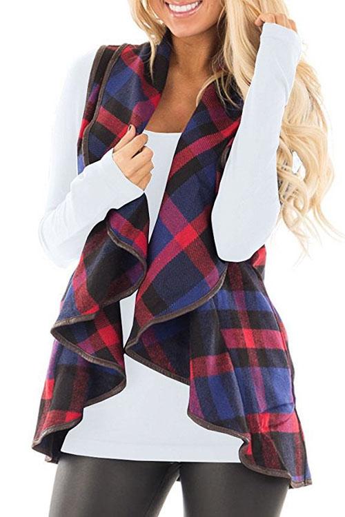 Kelsidress Sleeveless Plaid Jacket Vest with Pockets