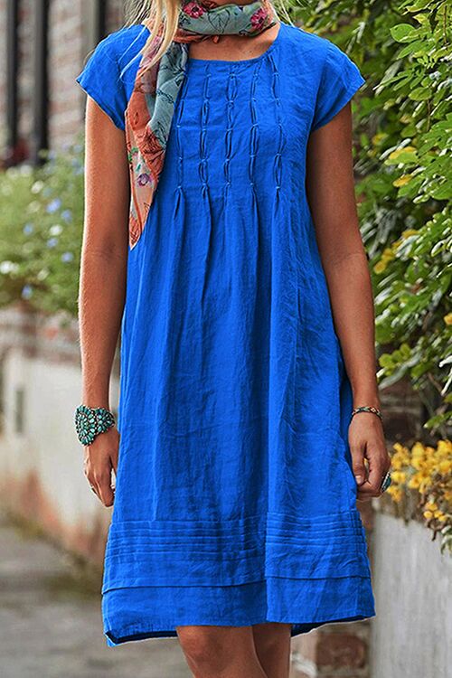 Robe froncée à manches courtes et col en U uni Kelsidress