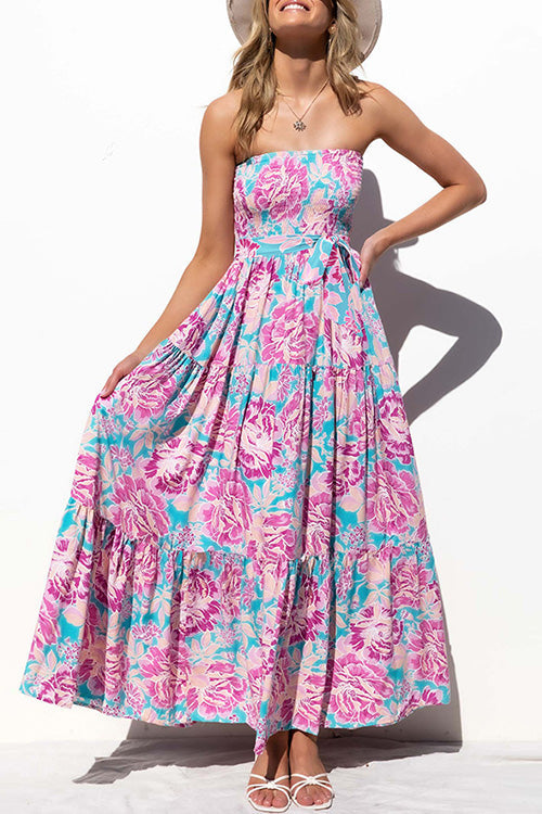 Kelsidress - Robe longue imprimée sans manches à épaules dénudées et taille nouée