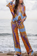 Kelsidress V Neck Tie Front Batwing Blouse and Wide Leg Pants Printed Set