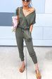 Kelsidress V Neck Short Sleeve Tie Waist Solid Jumpsuit