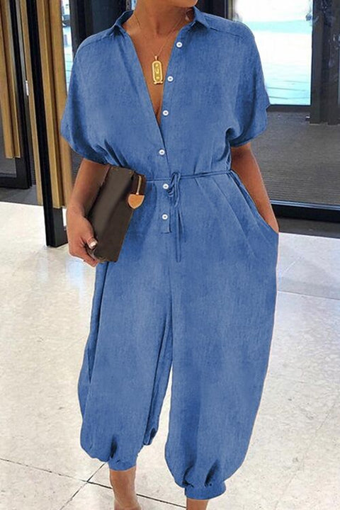 Kelsidress Short Sleeve Buttons Denim Jumpsuit with Pockets