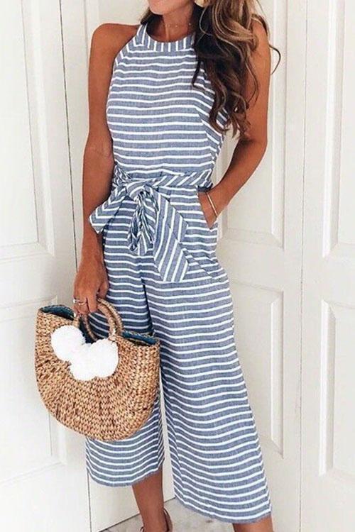 Kelsidress Casual Sleeveless Striped Bow-Knot Wide Leg Jumpsuit