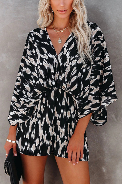 Kelsidress Casual V Neck Batwing Sleeve Waisted Printed Jumpsuit
