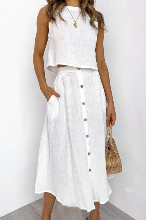 Kelsidress Sleeveless Crop Top and High Waist Skirt Cotton Linen Set