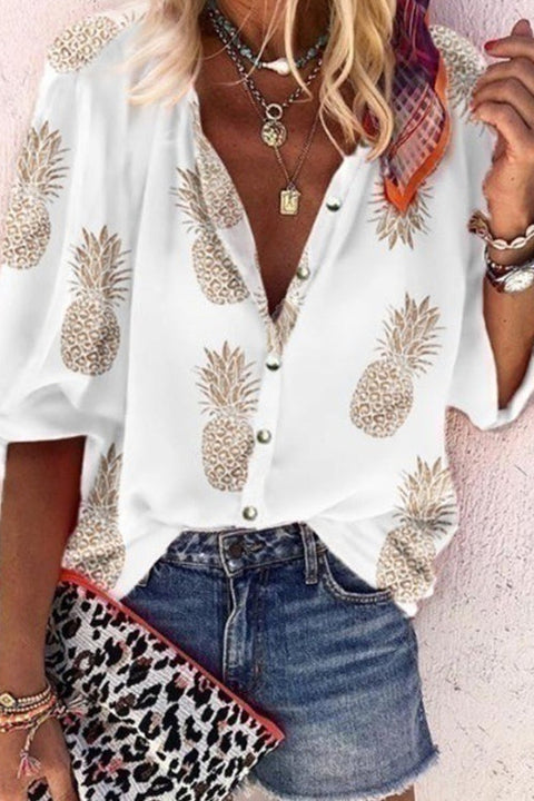 Kelsidress Buttons V Neck Pineapple Printed Shirt