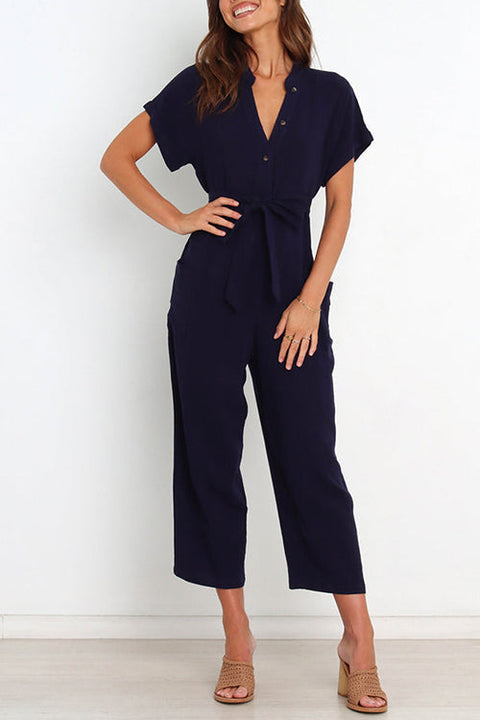 Kelsidress V Neck Short Sleeve Tie Waist Cropped Jumpsuit with Pockets