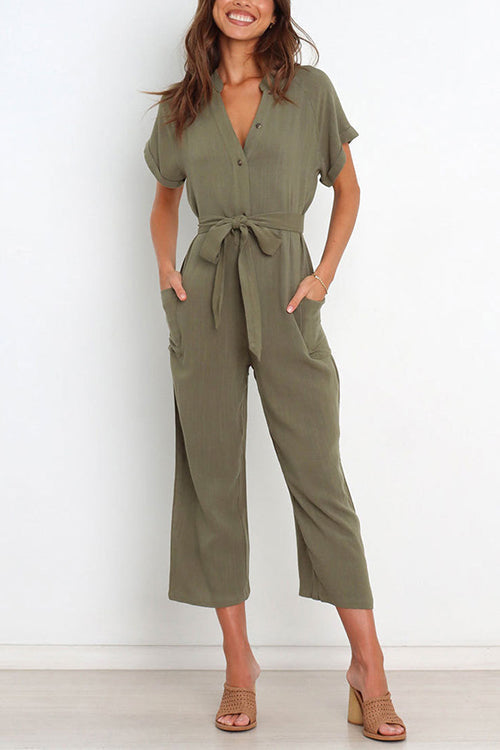 Kelsidress V Neck Short Sleeve Tie Waist Cropped Jumpsuit with Pockets