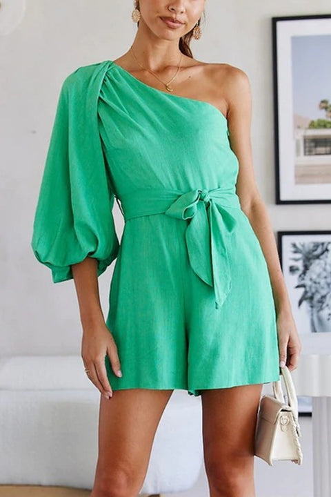 Kelsidress Solid One Shoulder Puff Sleeve Tie Waist Strampler