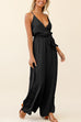 Kelsidress Solid Wrap V Neck Tie Waist Side Split Wide Leg Cami Jumpsuit