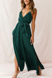 Kelsidress Solid Wrap V Neck Tie Waist Side Split Wide Leg Cami Jumpsuit