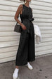 Kelsidress Crewneck Sleeveless Tie Waist Wide Leg Jumpsuit