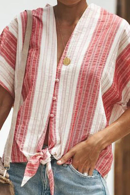 Camicia Kelsidress a maniche corte con scollo a V e nodo in vita a righe in cotone e lino