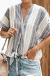 Kelsidress V Neck Short Sleeve Tie Knot Waist Striped Cotton Linen Shirt