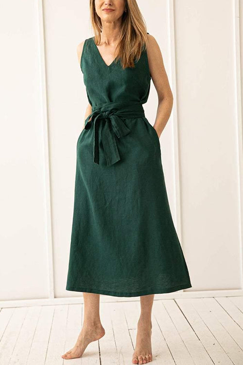 Kelsidress V Neck Sleeveless Tie Waist Midi Dress