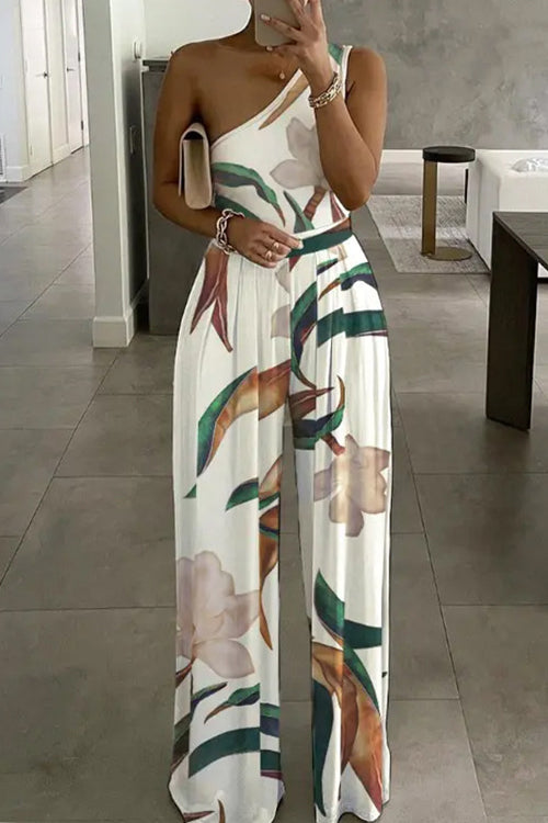 Kelsidress One Shoulder Sleeveless Printed Wide Leg Jumpsuit