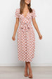 Kelsidress V Neck Short Sleeve Tie Waist Polka Dot Dress